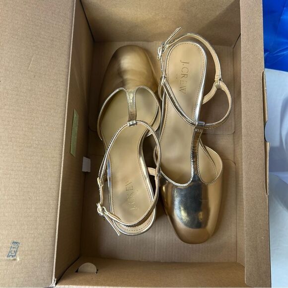 NIB J Crew Ankle T- Strap Heel Gold NEW size 8 - Picture 2 of 13